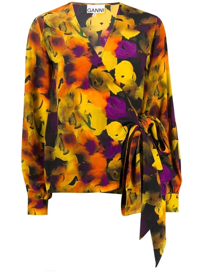 Ganni Silk-blend Floral Wrap Top In Yellow