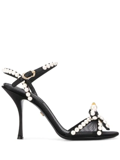 Dolce & Gabbana Faux Pearl & Crystal-embellished Bow Sandals In Black