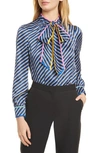 TORY BURCH BIAS STRIPE CONTRAST BINDING SILK BOW BLOUSE,61620