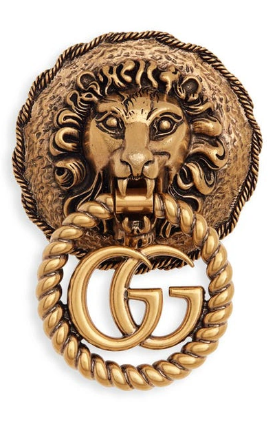Gucci Large Lion Head Double-g Brooch In Gold/ Crystal