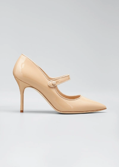 Manolo Blahnik Patent Leather Mary Jane Pumps In Nude