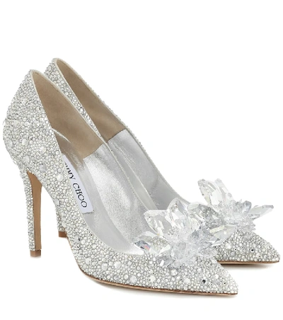 Jimmy Choo Avril 100 Crystal-embellished Pumps With Crystal Brooch In Silver