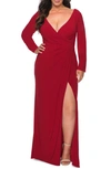 La Femme Long Sleeve Curvy Prom Dress With Ruching In Red