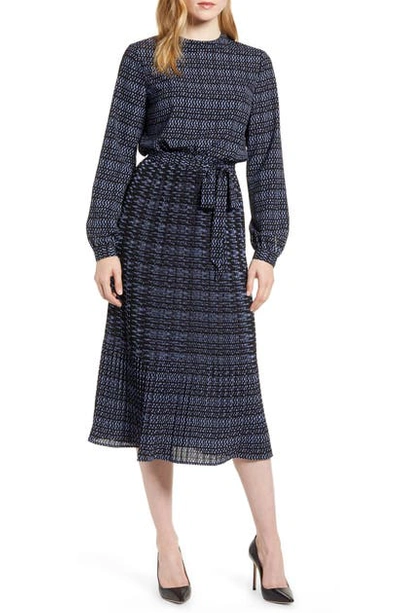 Anne Klein Metro Print Long Sleeve Dress In Anne Black/ Peacock Blue