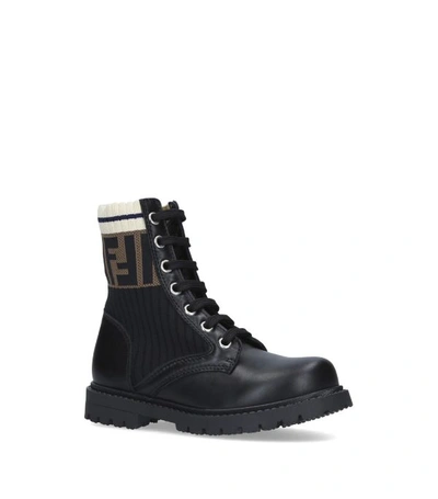 Fendi Kids' Ff Motif Lace-up Leather Boots In Black