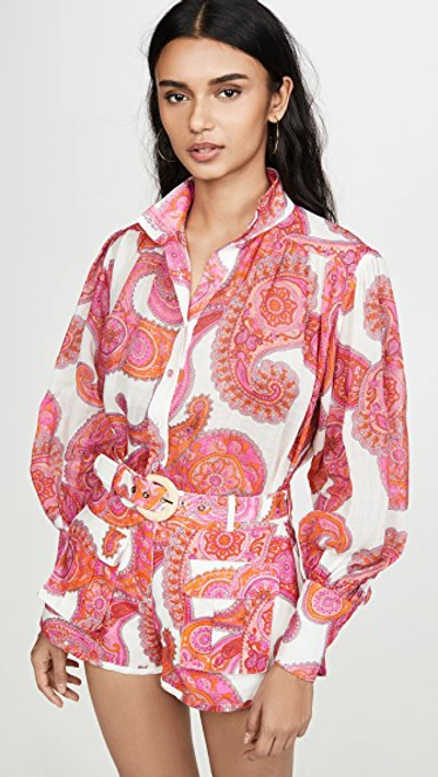 Zimmermann Peggy Bishop-sleeve Paisley-print Ramie Blouse In Multi