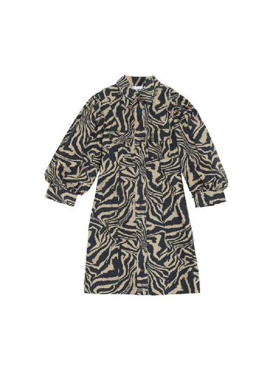 Ganni Puff-sleeve Tiger-print Cotton Shirtdress In Brown