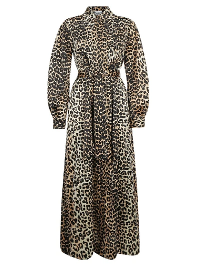 Ganni Pinafore Dress In Leopard Silk In Beige