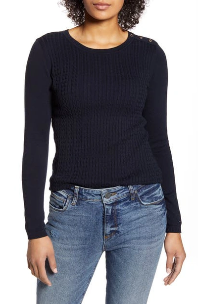 Tommy Hilfiger Cable Crewneck Cotton Sweater In Sky Captain