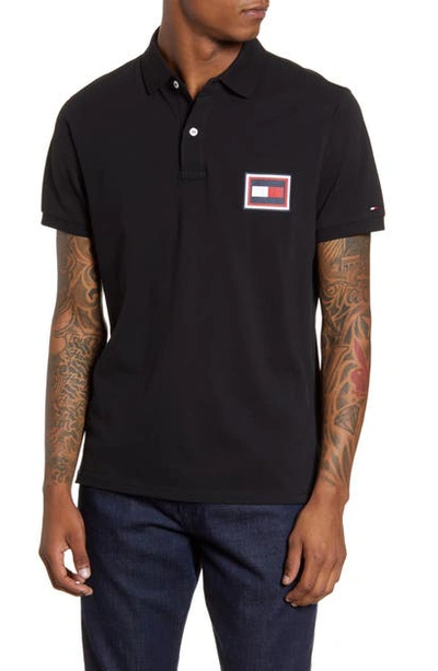 Tommy Hilfiger Embossed Flag Pique Polo In Black