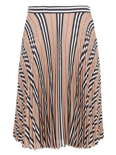 Burberry Striped And Logo Print Skirt In Beige,brown