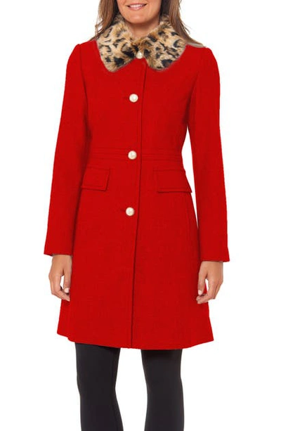 Kate Spade Faux Fur Collar Wool Blend Coat In Scarlet