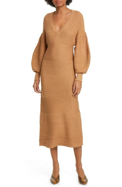 Staud Carnation Long Sleeve Midi Sweater Dress In Brown