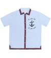 Gucci Anchor Embroidered Button-down Shirt W/ Ribbon Trim, Size 4-12 In Blue