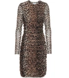 Ganni Ruched Leopard-print Stretch-mesh Mini Dress In Beige
