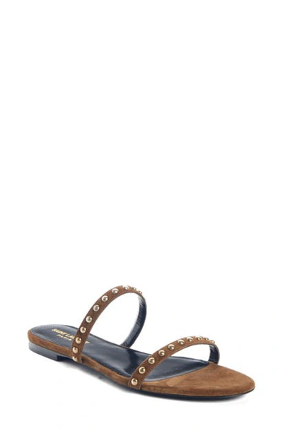 Saint Laurent Kiki Studded Slide Sandal In Tan Suede