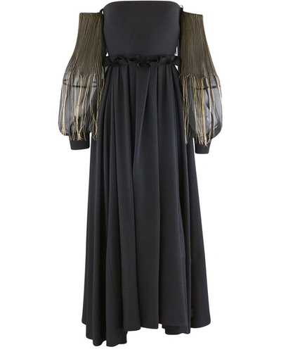 Loewe Off-the-shoulder Leather-trimmed Wool And Embroidered Silk-organza Gown In Black