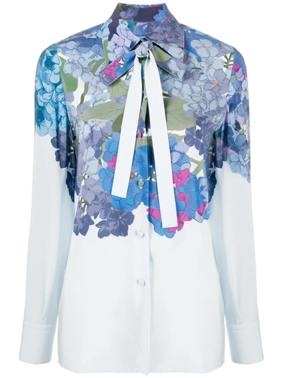 Valentino Hydrangea Print Silk Crepe De Chine Tie Neck Blouse In White