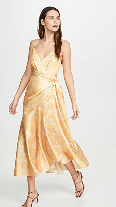 Acler Dana Printed Satin Wrap Dress In Lemon Floral