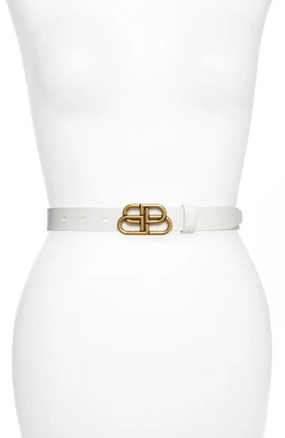 Balenciaga Logo Buckle Slim Leather Belt In White/ Gold