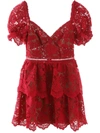 Self-portrait Ruschia Floral Lace Puff Sleeve Minidress In Fuxia (red)