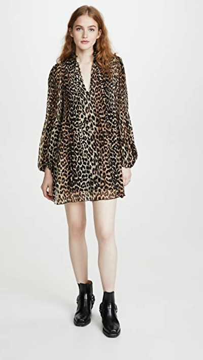 Ganni Leopard Print Pleated Georgette Long Sleeve Minidress