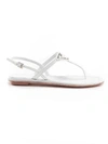 Prada Logo Metallic Leather Ankle-strap Thong Sandals In Bianco
