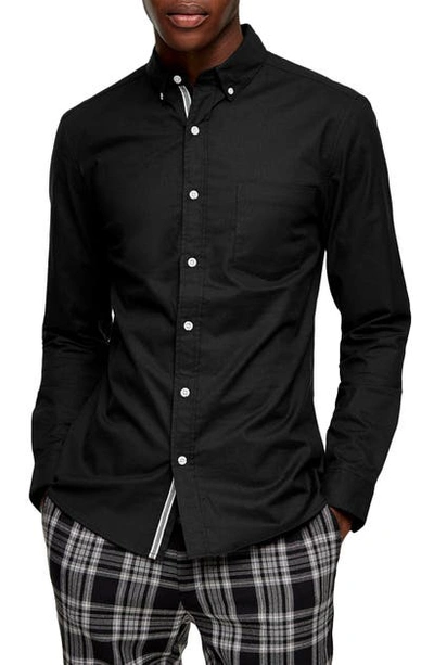 Topman Skinny Fit Stretch Button-down Oxford Shirt In Black