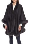 SOFIA CASHMERE GENUINE FOX FUR TRIM CASHMERE CAPE,SC1231BF