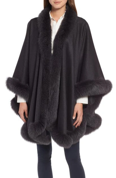 Sofia Cashmere Genuine Fox Fur Trim Cashmere Cape In Charcoal