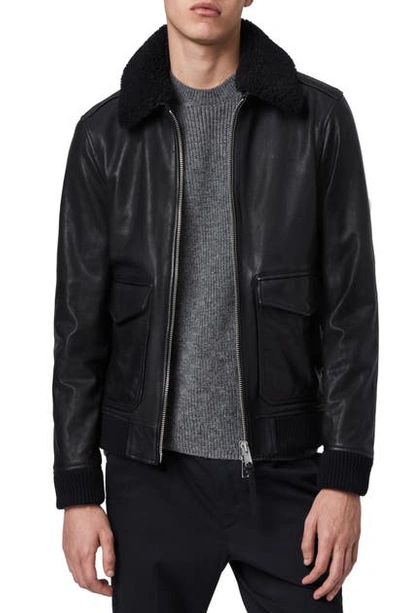 Allsaints Phoenix Slim Fit Leather Aviator Jacket With Genuine Shearling Trim In Black