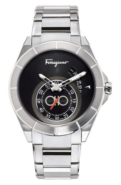 Ferragamo Men's 43mm Sub-second Stainless Steel Watch In Black Guilloche/ Silver