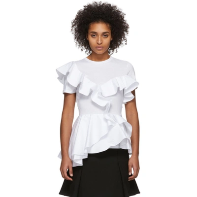 Alexander Mcqueen Ruffled Cotton-jersey And Poplin T-shirt In Optical White