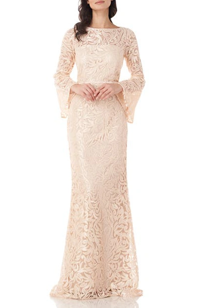 Carmen Marc Valvo Infusion Sequin Embroidered Trumpet Gown In Champagne