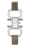 Ferragamo Double Gancini Bracelet Watch, 13.5mm X 23.5mm In Brown/ White Sunray/ Silver