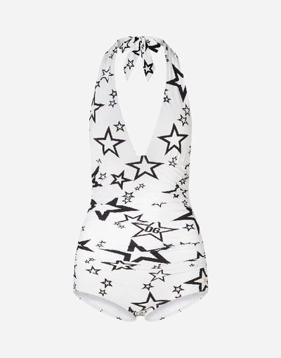 Dolce & Gabbana Millennials Star Print Swimsuit With Plunging Neckline In White
