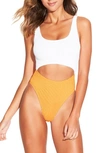 Bound By Bond-eye The Mishy High Cut Ribbed One-piece Swimsuit In White/ Tangerine