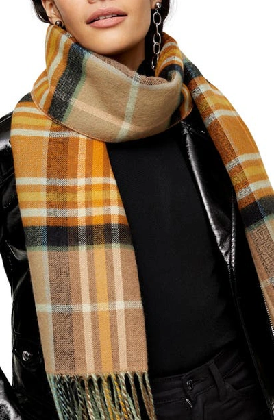 Topshop Lightweight Check Scarf In Camel