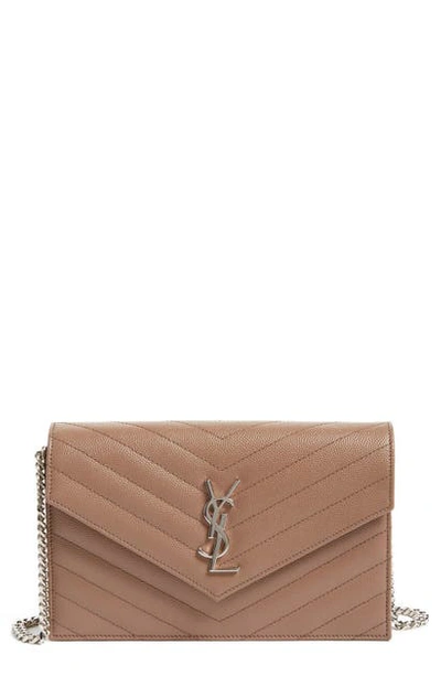 Saint Laurent Quilted Calfskin Leather Wallet On A Chain In Fard
