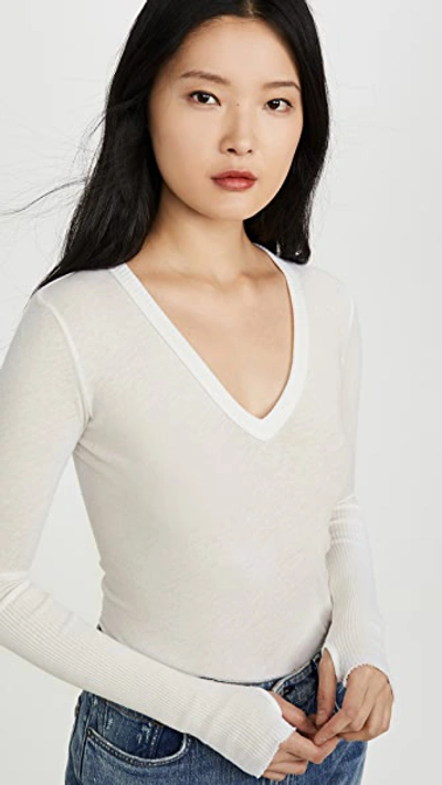 Enza Costa Cashmere Fitted Cuffed Long Sleeve V Neck In White