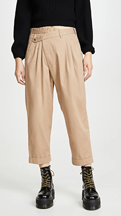 R13 Cropped Triple-pleat Crossover Trousers In Khaki