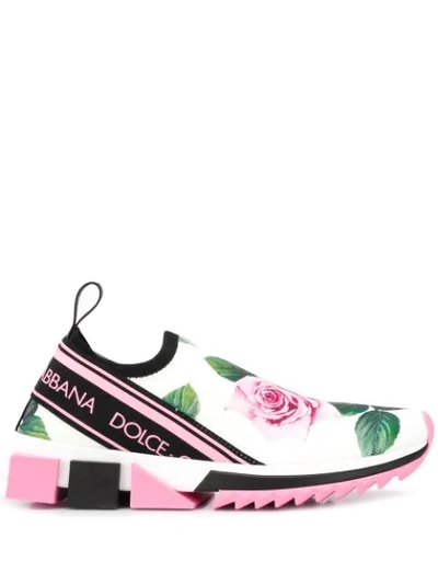 Dolce & Gabbana Sorrento Floral-print Stretch-knit Slip-on Trainers In White