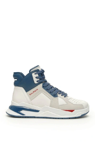 Balmain White &amp; Blue High Top Mens B-ball Sneakers In White,blue,red