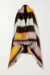 LOEWE LEATHER-TRIMMED FRINGED STRIPED MOHAIR-BLEND WRAP