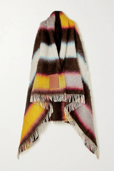 Loewe Leather-trimmed Fringed Striped Mohair-blend Wrap In White