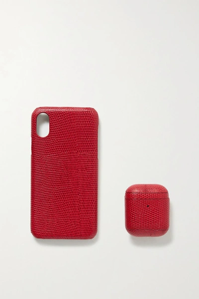 The Case Factory Lizard-effect Leather Iphone X And Airpods Case Set In Red