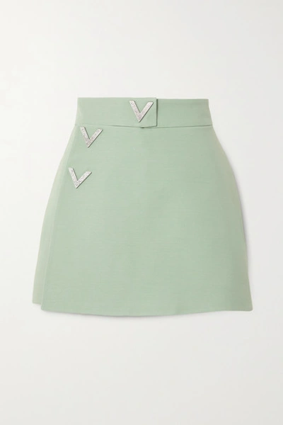 Valentino Embellished Wool And Silk-blend Crepe Shorts In Green