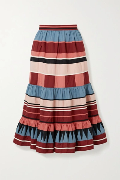 Ulla Johnson Simi Tiered Striped Cotton-poplin Midi Skirt In Rose
