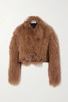 BURBERRY CROPPED SNAKE-EFFECT LEATHER-PANELED SHEARLING JACKET