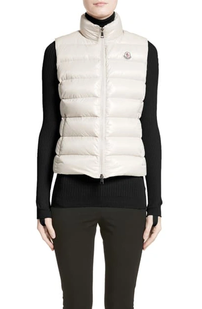 Moncler Ghany Water Resistant Shiny Nylon Down Puffer Vest In Beige